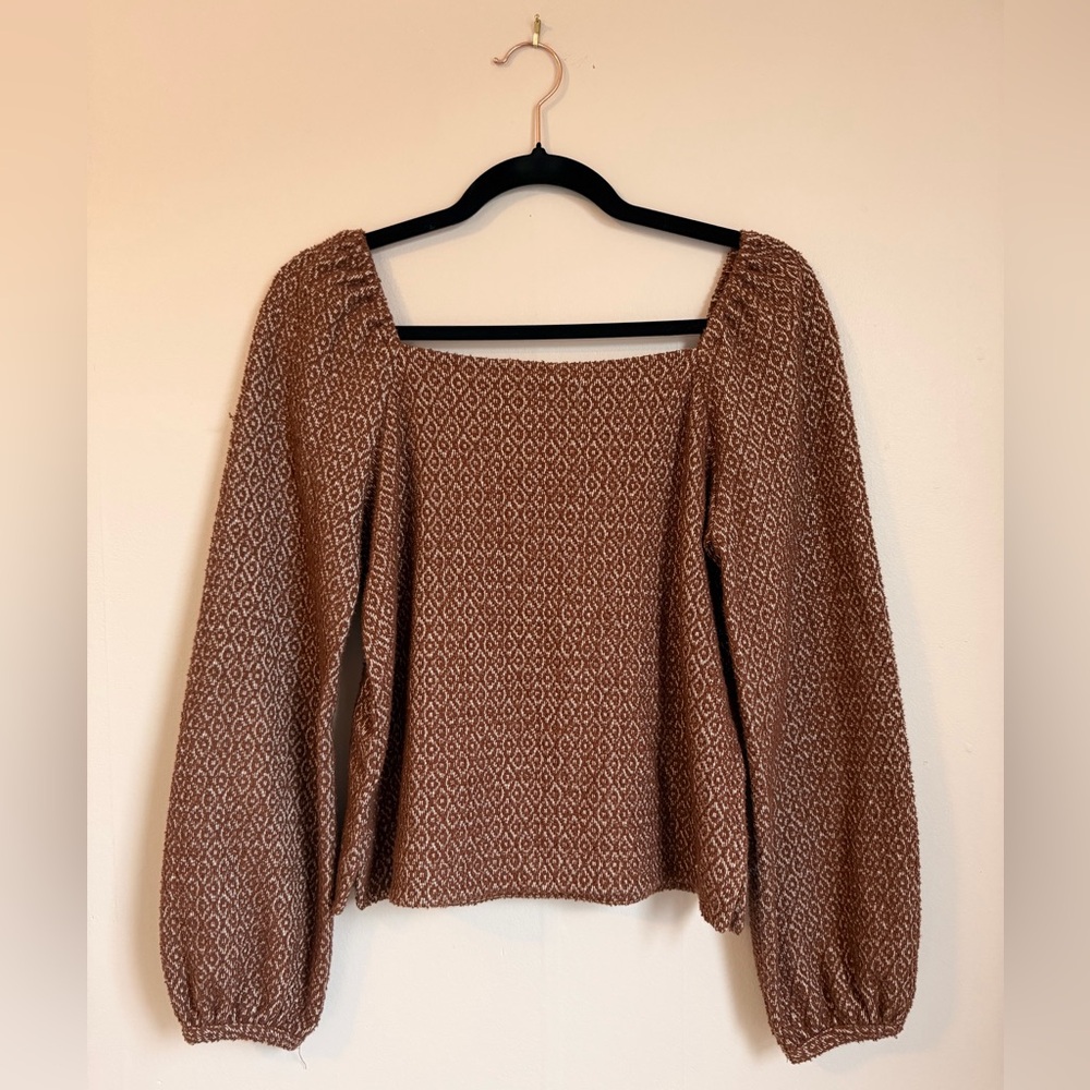 Madewell Scandi Girl Brown Textured Geometric Top Puff Sleeve Blouse Size XS